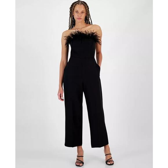 Sam Edelman Women's Black Strapless Feather-Trim Jumpsuit Size 14 Party Cocktail - Picture 1 of 13